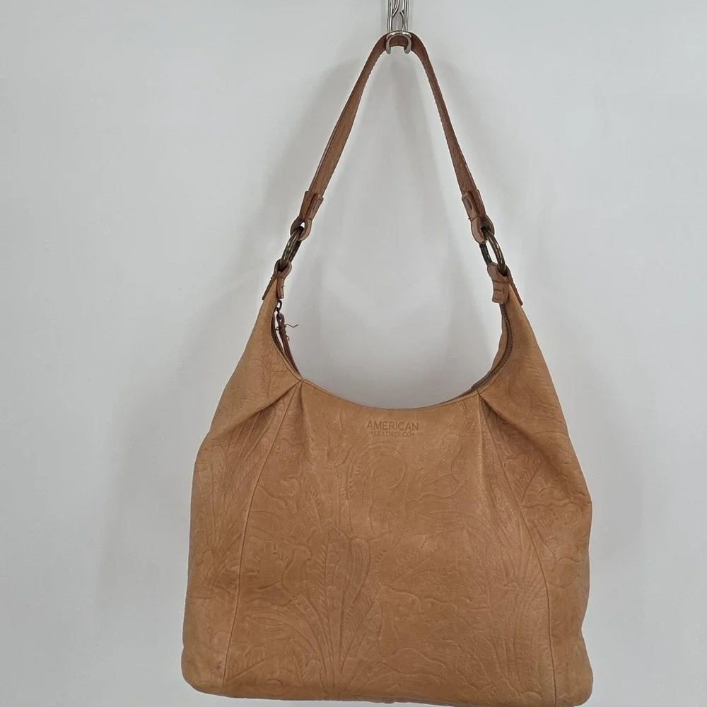 American Leather Co Hobo Bag Large Tan‎ Floral Embossed Leather Purse Slouchy